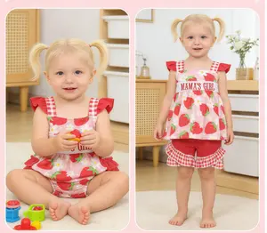 Summer Toddler Girl Clothing Mama's Girl Strawberry Embroidered Flying Sleeve Shorts Set