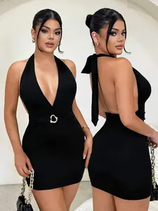 OLIVIA Metal Buckle Low Cut Black Cocktail Frock Sexy Clubwear Old Money Trend