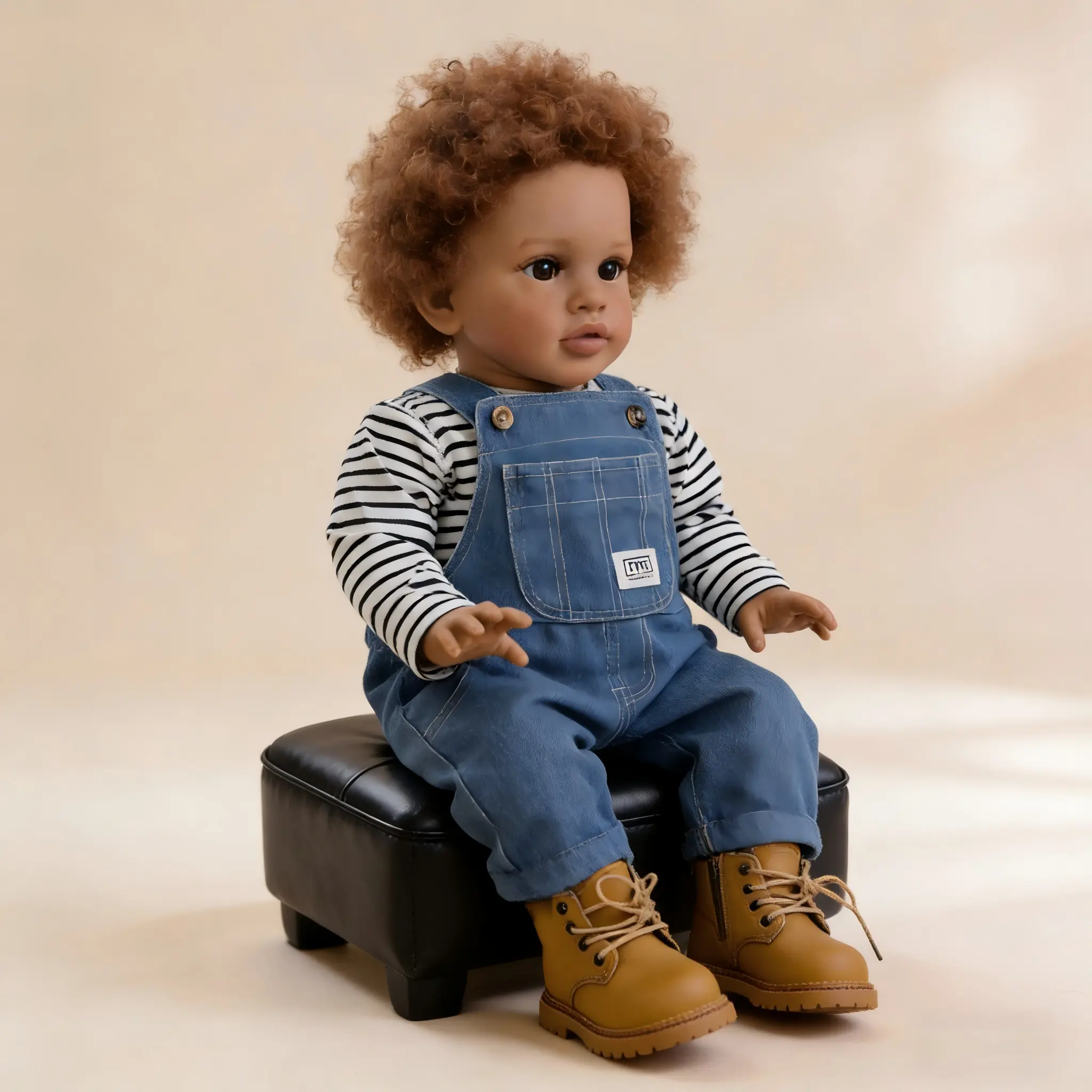 26-Inch Reborn Baby Toddler Doll, Afro-American with Rooted Hair, Brown Eyes, Brown Skin, Soft Cloth Body, Vinyl Limbs, Denim Overalls Outfit and Feeding Set, Reborn Baby Doll Trendy Dolls Soft Weighted Dolls