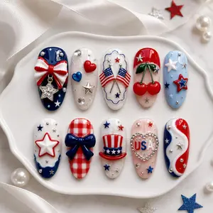 4th of July Patriotic Press On Nails – 3D Bow Cherry USA Nail Set | Red White Blue American Flag Press On Nails | Handmade Reusable Fake Nails | Independence Day Gift for Women