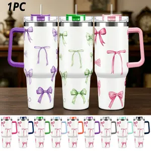 40oz Insulated Coffee Cup with Handle and Straw Lid, Cute Bow Print Stainless Steel Travel Mug, Insulated Travel Tumbler, Ideal Gift for Women, Perfect for Holidays