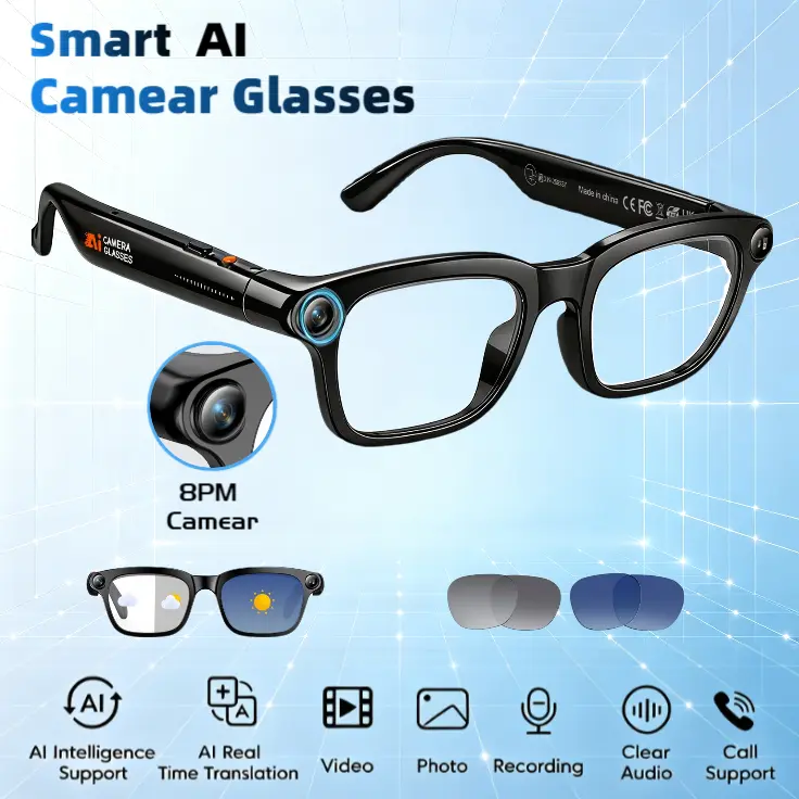 Smart AI POV Camera Glasses with 8MP, 1080P HD Video, Hands-Free Photography, 160+Languages Real-Time Translation Bluetooth Wireless Wearable Video Glasses, Memory Support, Portable Wearable - Ideal for Vlog, Travel, Outdoor, Sport, Father's Day Gift