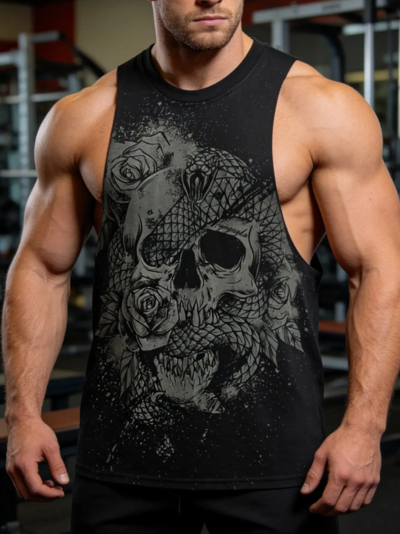 Men's Skull Rose Print Tank Vest, Muscle Tanks, Sleeveless Round Neck Street Style T-Shirt, Casual Breathable Muscle Top for Fitness Training & Urban Fashion Summer Sleeveless Top