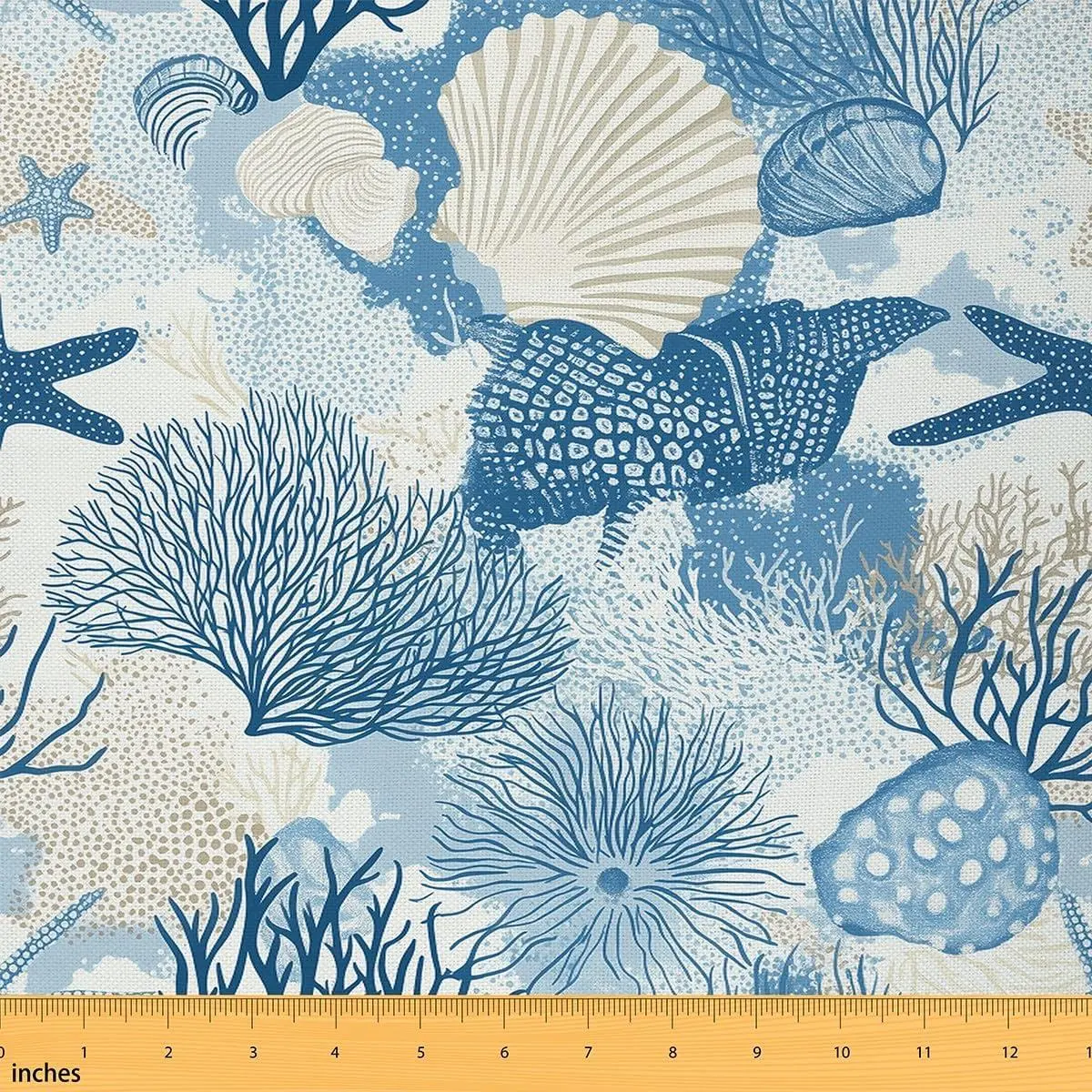 Ocean Starfish Fabric,Beach Shell Coral Sealife Upholstery Fabric Chairs,Marine Sea Creatures Decor Fabric DIY Indoor Outdoor Projects,,Turquoise Navy Blue