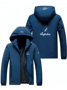 Soft Durable Polyester Fabric Flying Jacket, Kangaroo Pocket & Australian Letter Print, Casual Fitted Style, Spring & Fall