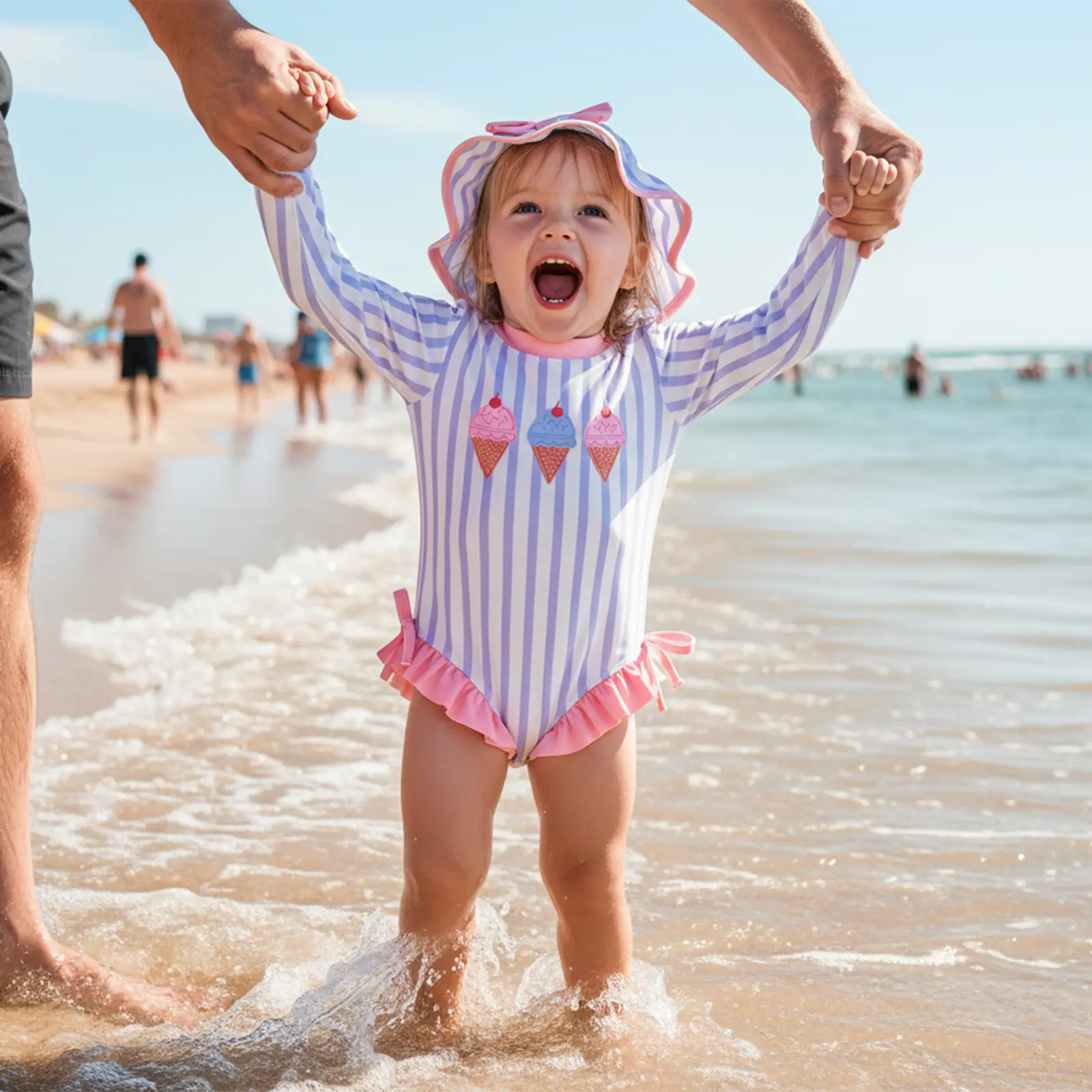 Toddler Girl Long-Sleeve Rashguard Swimsuit with Ice Cream Embroidery, Ruffles and Hat for Beach, Pool, Swimsuit Style, Polyester, Beach Pool Wear, Elastane