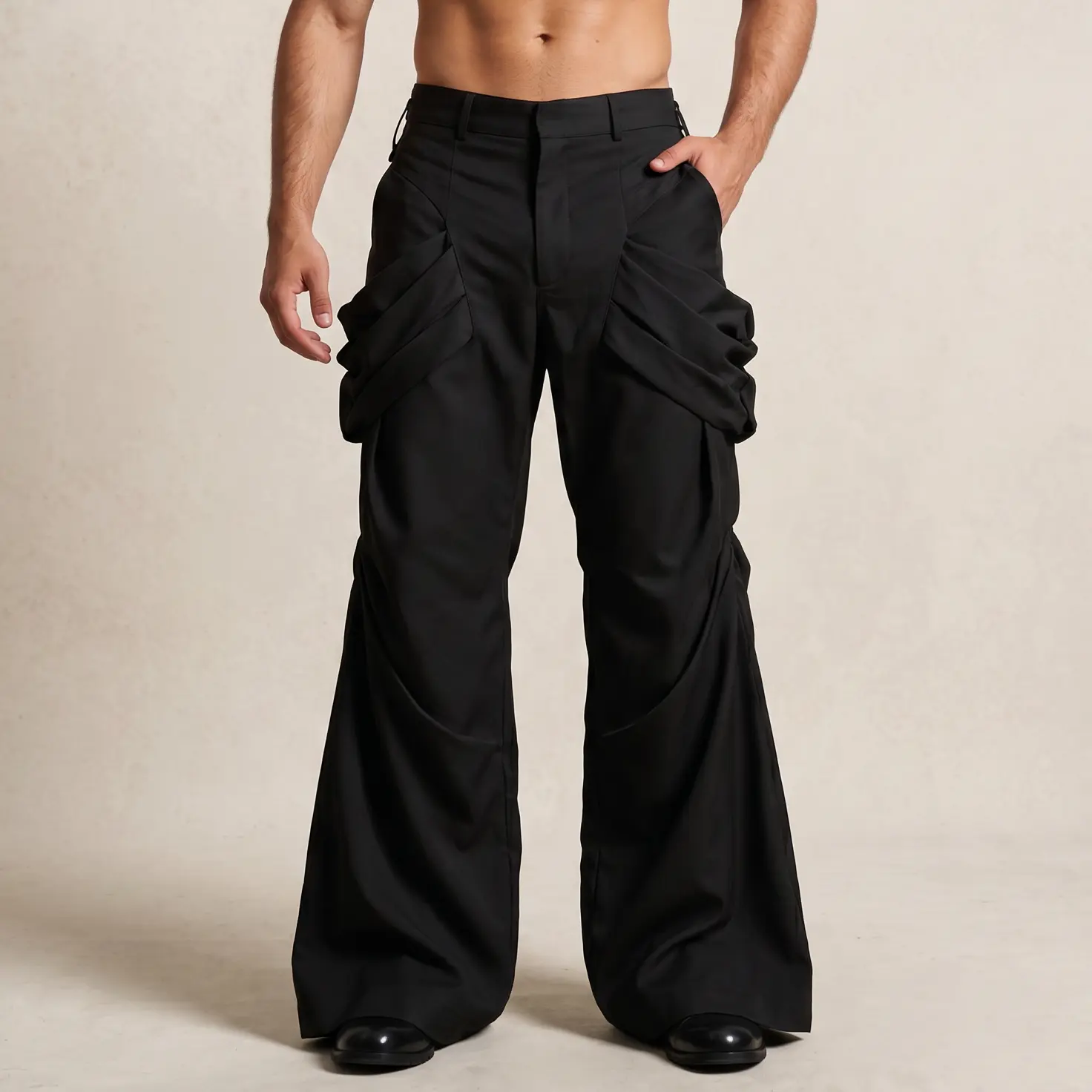 INCERUN Men's Fashion Trousers, Avant-Garde Flared Men's Clothing with Architectural Side-Ruching and Draping Cut