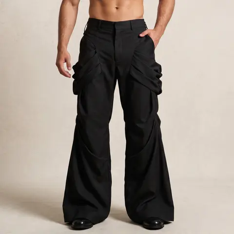 INCERUN Men's Fashion Fabric Pants - Khaki/White Avant-Garde Flared Trousers with Architectural Side-Ruching Cut