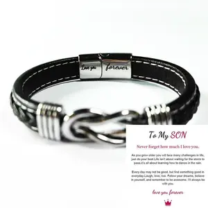 Leather Bracelet "To My Son" Engraved Name Stainless Steel Gift for Men Grandson Husband Special Occasions