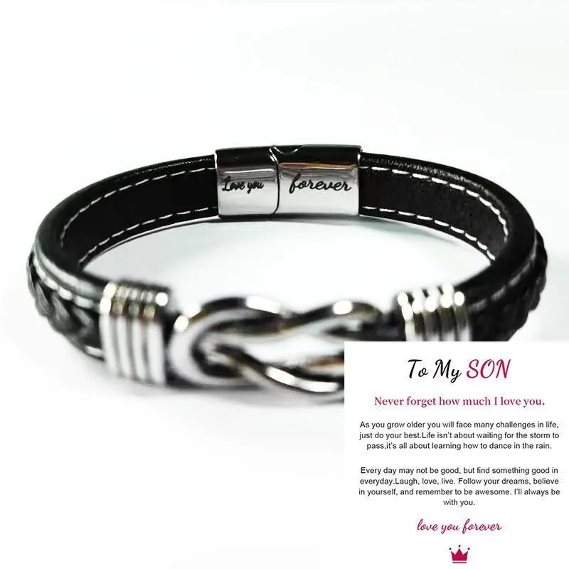 Men's Engraved Name Leather Bracelet with Stainless Steel Accents - "To My Son" Special Occasion Male Gift, Grandson, English Text