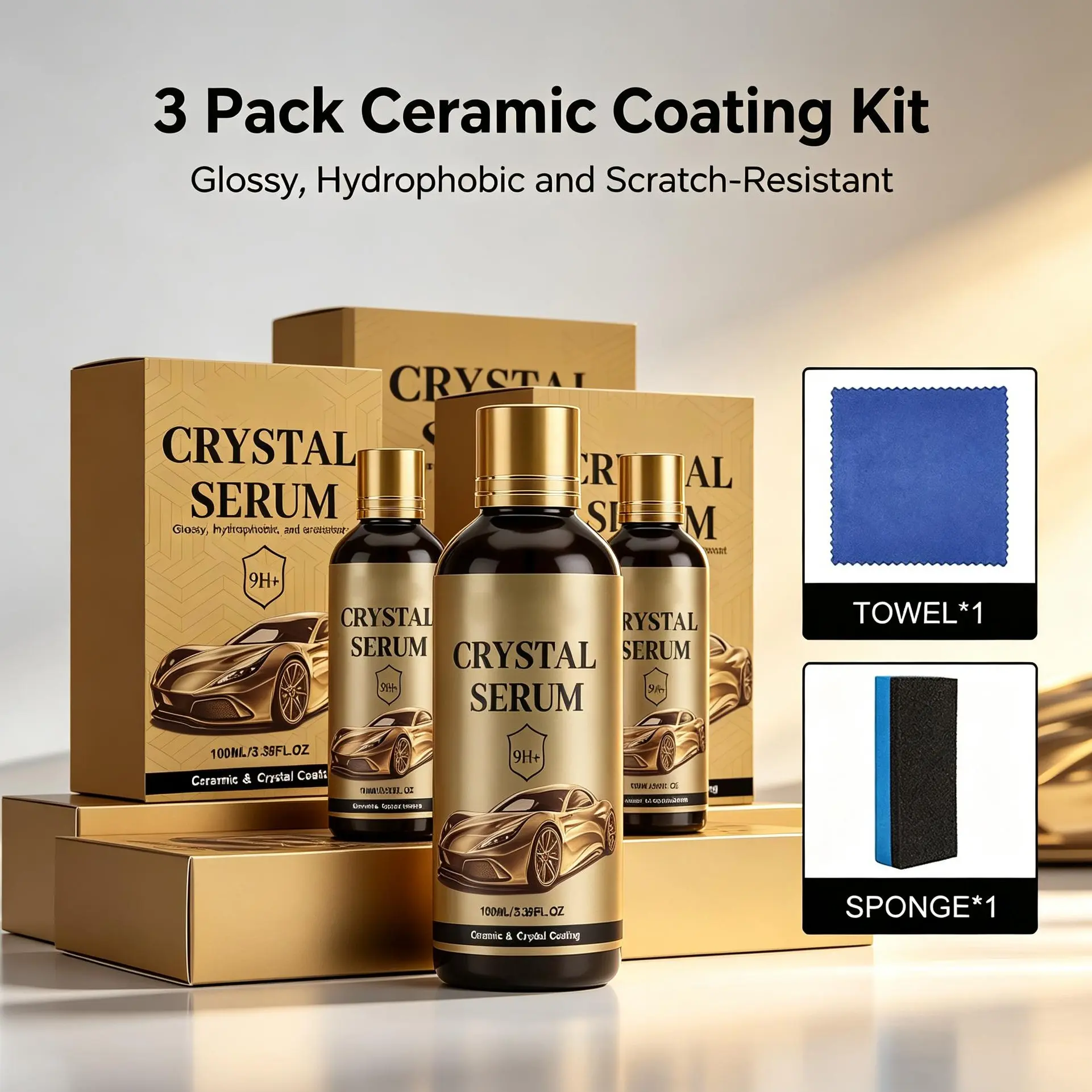 PTZ Crystal Serum 9H Graphene Nano Ceramic Coating Liquid for Cars, 100ML Bottle, Glossy Hydrophobic Protective Coating for Automotive Paint Care & Auto Detailing, Extreme Gloss