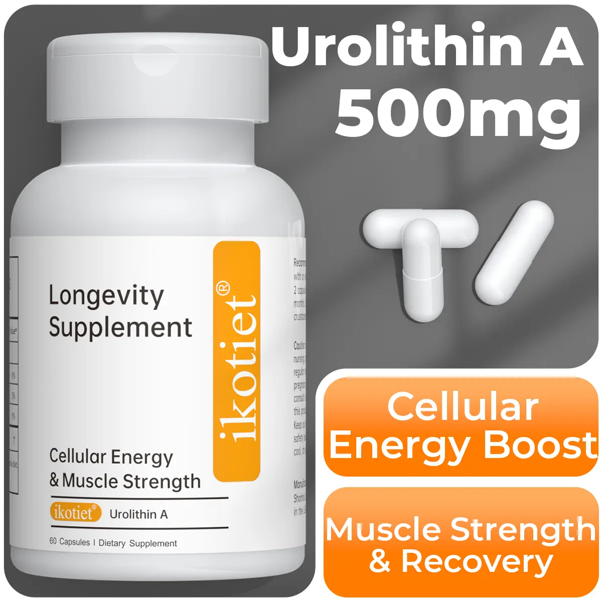 ikotiet Urolithin A 500mg Capsules, High Purity Mitophagy Supplement for Adults, Cellular Energy Boost, Muscle Strength Support (60 Count)