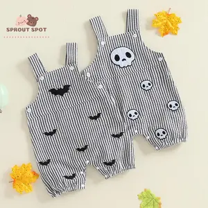 Baby Boys Rompers Skull Embroidery Stripe Buttons Sleeveless Halloween Clothes Bodysuits Jumpsuits