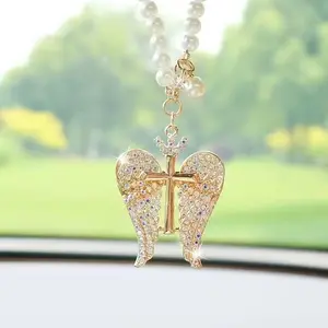 Angel Wings Car Pendant with Chain - Golden Cross & Sparkling Wings, Elegant Rearview Mirror Hanging Charm. Christian Religious Car Accessory, Women's Gift for Birthday, Wedding, Easter. Exquisite Craftsmanship, Car Mirror Ornament.