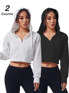 Women's Solid Zip-Up Hooded Crop Lightweight Sports Jacket - Hooded Neckline, Fitted Cut, Drawstring Detailing, Long Sleeve Yoga Top, Gym Workout Outerwear, Athleisure Style for All Seasons