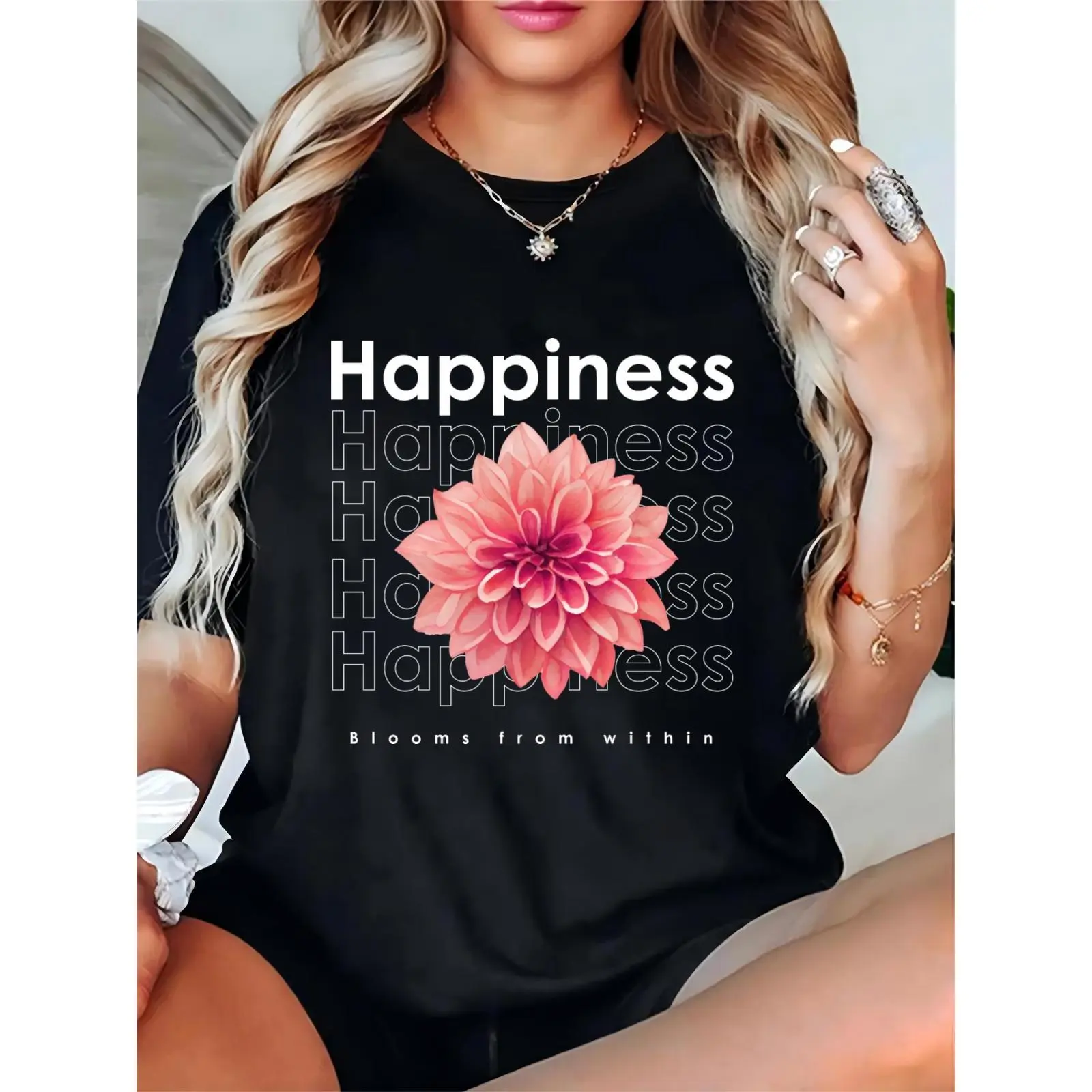 Women's Basic T-Shirt with Elegant Floral Graphic, 100% Cotton Shortsleeve Top, An Essential for All-Day Wear, Comfortable, Fit