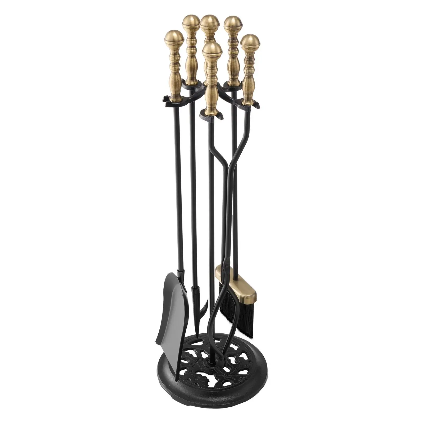 Fireplace Tool Set 5-Piece With Holder and Five-Prong Stand, Includes Tongs, Ash Shovel, Brush, and Fire Poker, Wrought Iron Fireplace Accessories for Indoor and Outdoor Use, Black and Brass
