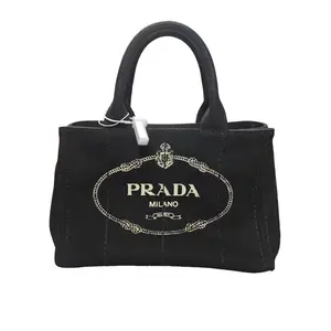 Pre-owned PRADA canvas Tote Bags black handbag tote bag with gold logo