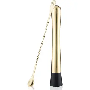 Premium 2 Piece Gold Cocktail Muddler Set 10 Inches Bar Mixing Spoon 8 Inches Muddler for Cocktails Drinks