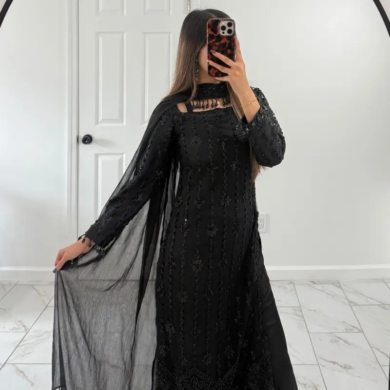 Women's Pakistani Wedding Dress - Eclipse Black Long Kameez with Cutdana Work, Choker Dupatta with Tassels, Womenswear