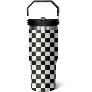 30 Oz Black and white Checkered FlipTumbler with Handle Lid and Straw, Checkered Tumbler Water Bottle Travel Coffee Cup Mug,Checkered Gifts for Women Men, Checkered Pattern, Includes Straw