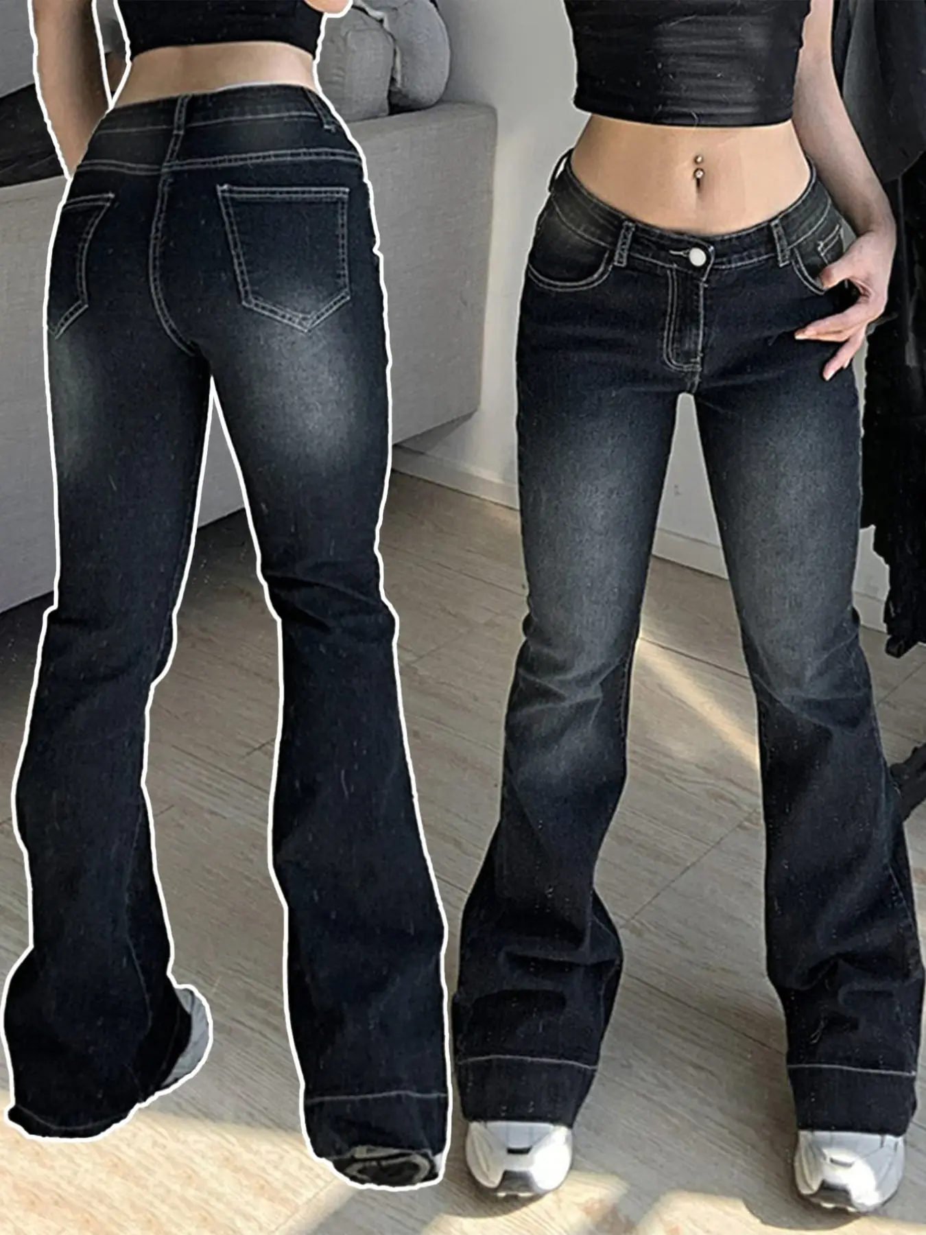 Women's 2026 Autumn Winter American Y2K Denim Flare Trousers, Fashion Casual Jeans, Chic Slim Elegant Silhouette, Contrast White Stitching Details, Low Rise Waist, Classic Monkey Wash Craft, Versatile Design for Daily Commute & Casual Outfits