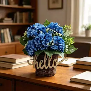 Elegant Blue Hydrangea Artificial Hanging Basket Wall Decor, Rustic Woven Basket with 'hello' Text, Farmhouse Style Porch and Front Door Decoration
