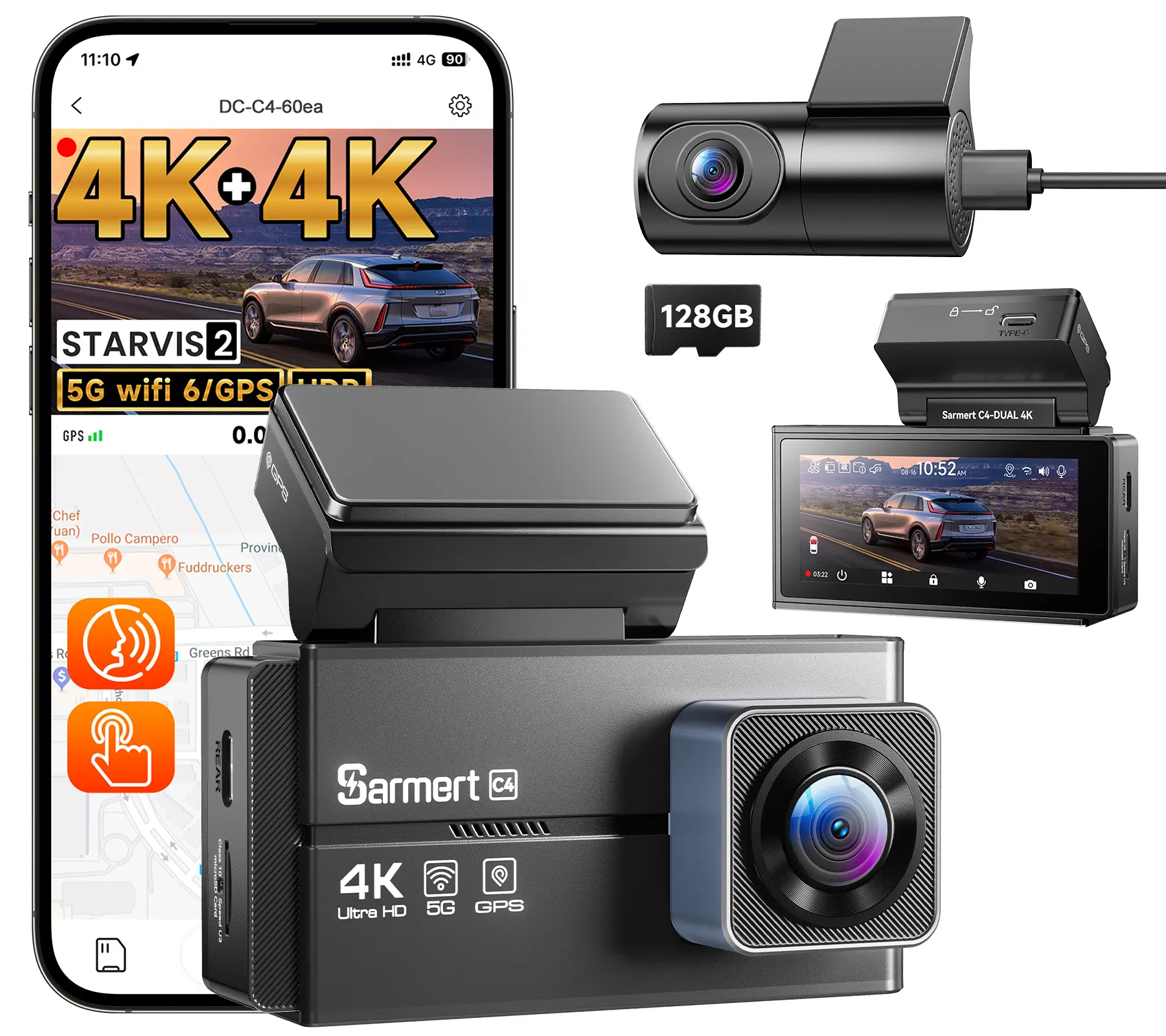 4K+4K Dual Dash Cam Front and Rear, Free 128GB Card, Built-in GPS & 5G WiFi, STARVIS 2 Night Vision, 24H Parking Mode