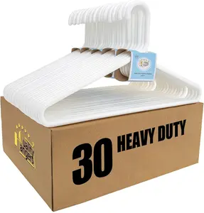 White Plastic  30 Pack - Super Heavy Duty Multipack for Clothes - Thick  Standard Closet Clothing  with Hook for Scarves and Belts-17 for Coats (White, 30)