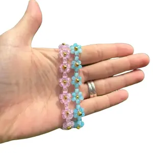 Simple but Elegant Flower Bracelet - Pink and Blue Beaded Design for Stylish Wear