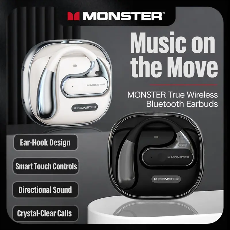 Monster True Wireless Bluetooth Earbuds with Ear-Hook Design, Smart Touch Controls and Directional Sound