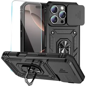 Case for iPhone 16 Pro Case with HD Screen Protector & Slide Camera Cover & Rotated Ring Kickstand, [Military-Grade] Phone Case for iPhone 16 Pro 6.3",Black