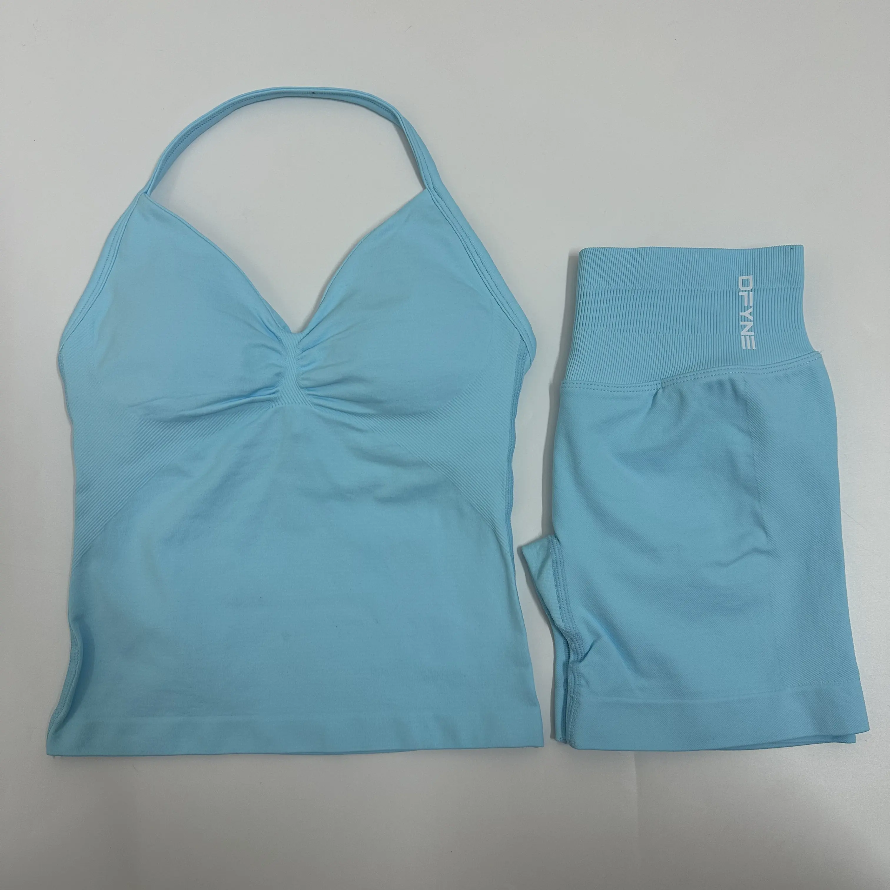 DFYNE Women's Seamless 2 Piece Workout Set - Padded Halter Sports Bra & High Waisted Scrunch Shorts