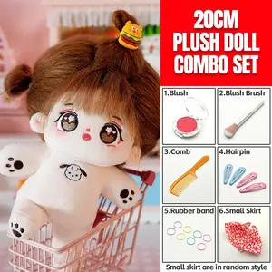 20cm Plush Cotton Doll DIY Set - 7-Piece Set with Bare Doll, Blush Powder, Blush Brush, Comb, 2 Pairs Hair Clips, Elastic Hair Ties & Floral Dress - Dress-Up Toy Gift for Girls, DIY Craft Enthusiasts, Doll Collectors, Dolls Clothes Accessories