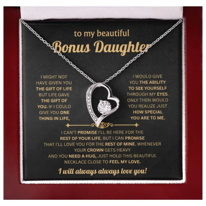 To My Beautiful Bonus Daughter Necklace From Mom & Dad With Message Card Perfect For Birthday, Graduationpendant To Stepdaughter & Goddaughter Never Forget #2152, White Forever Love Necklace Christmas Gifts, Jewelry Gifts, Birthday Gifts