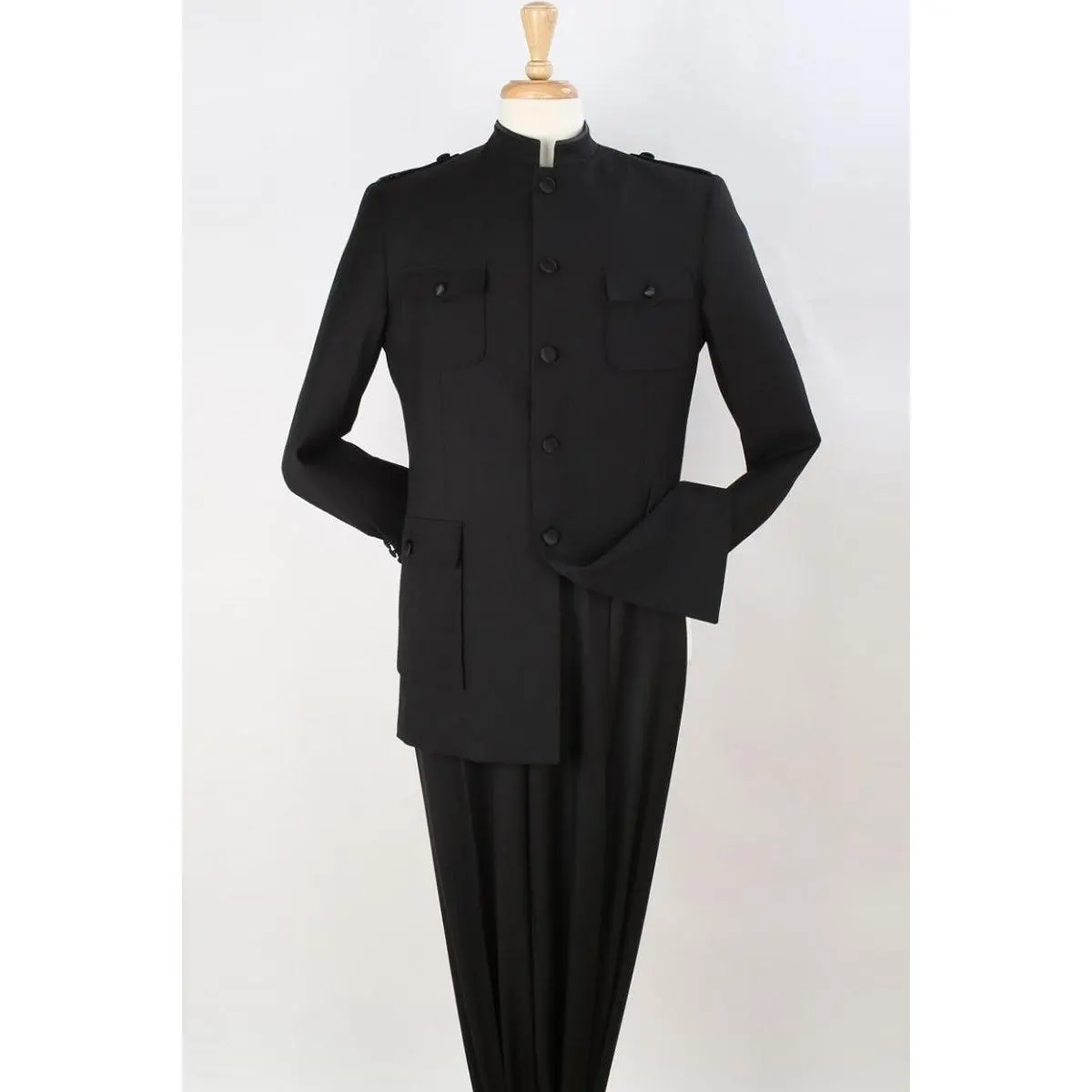 Mens Five Button Military Insired Mandarin Banded Safari Suit in Black