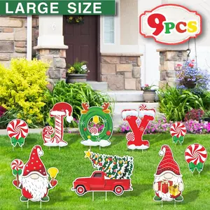 9 PCS Joy Christmas Decorations Outdoor, Christmas Yard Sign with Stakes-Gnomes Candy Christmas Tree Truck, Joy Signs for Yard Home Lawn Pathway Walkway Decor, Multiple Display Methods