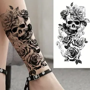 Waterproof Skull and Rose Temporary Tattoo Stickers, Gothic Skull Tattoo, Elegant Flower Design, Easy Application Body Art for Women, Durable Rectangular Patches, Sticker Tattoos