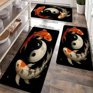 Yin Yang Koi Fish Kitchen Rug Set, Lucky Tai Chi Carp Non-Slip Washable Floor Mats, Asian Spiritual Themed Runner Rugs for Kitchen, Living Room & Home Decor