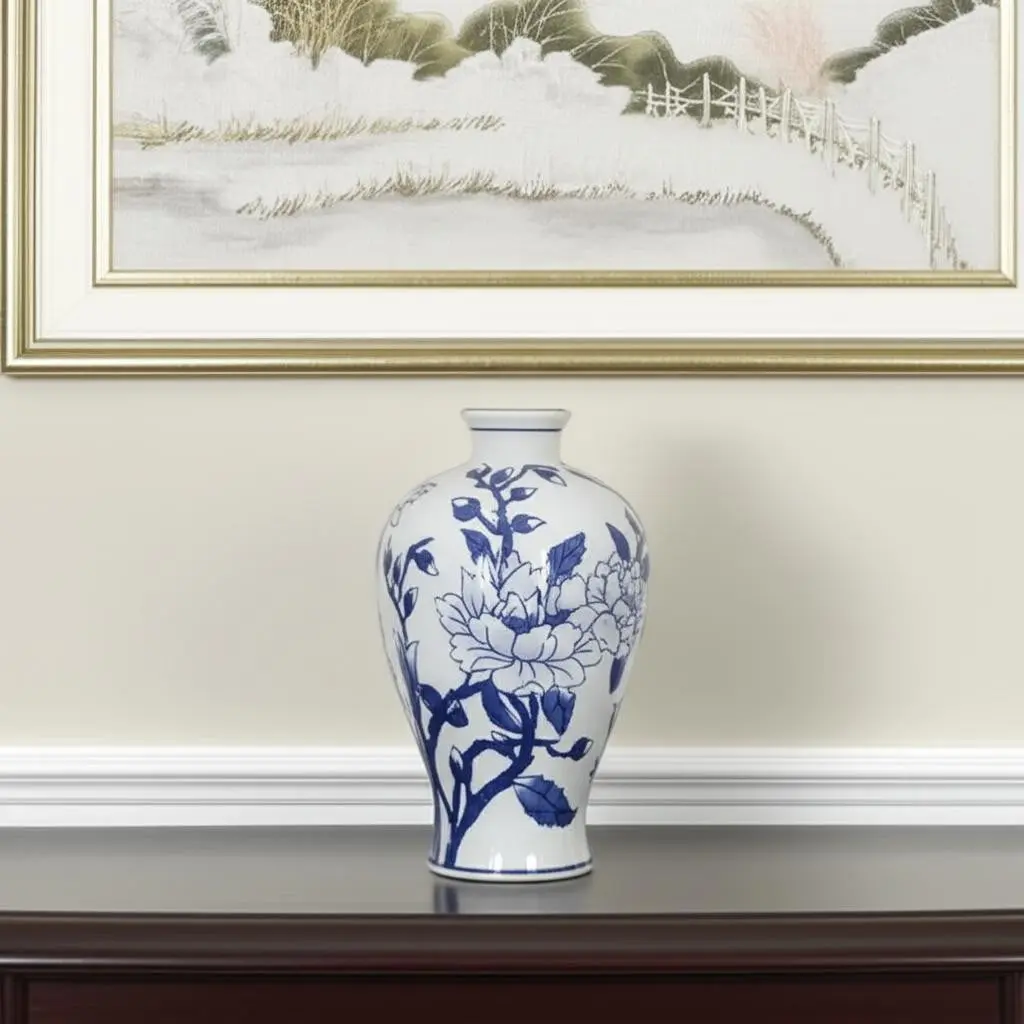10 in. Durable Hand-Painted Blue & White Floral Round Porcelain Decorative Vase, 360-Degree Rotatable, Traditional Indoor Room Decor, Ideal Mother's Day Gift for Flower Arrangements