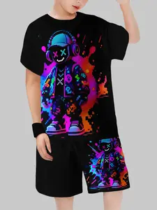 Boys' Edm Cool Pixel Dj Summer, Neon Graffiti Street Short Sleeve Shorts Set, Casual Fitted Tee, Natural Waist, Asymmetrical Design