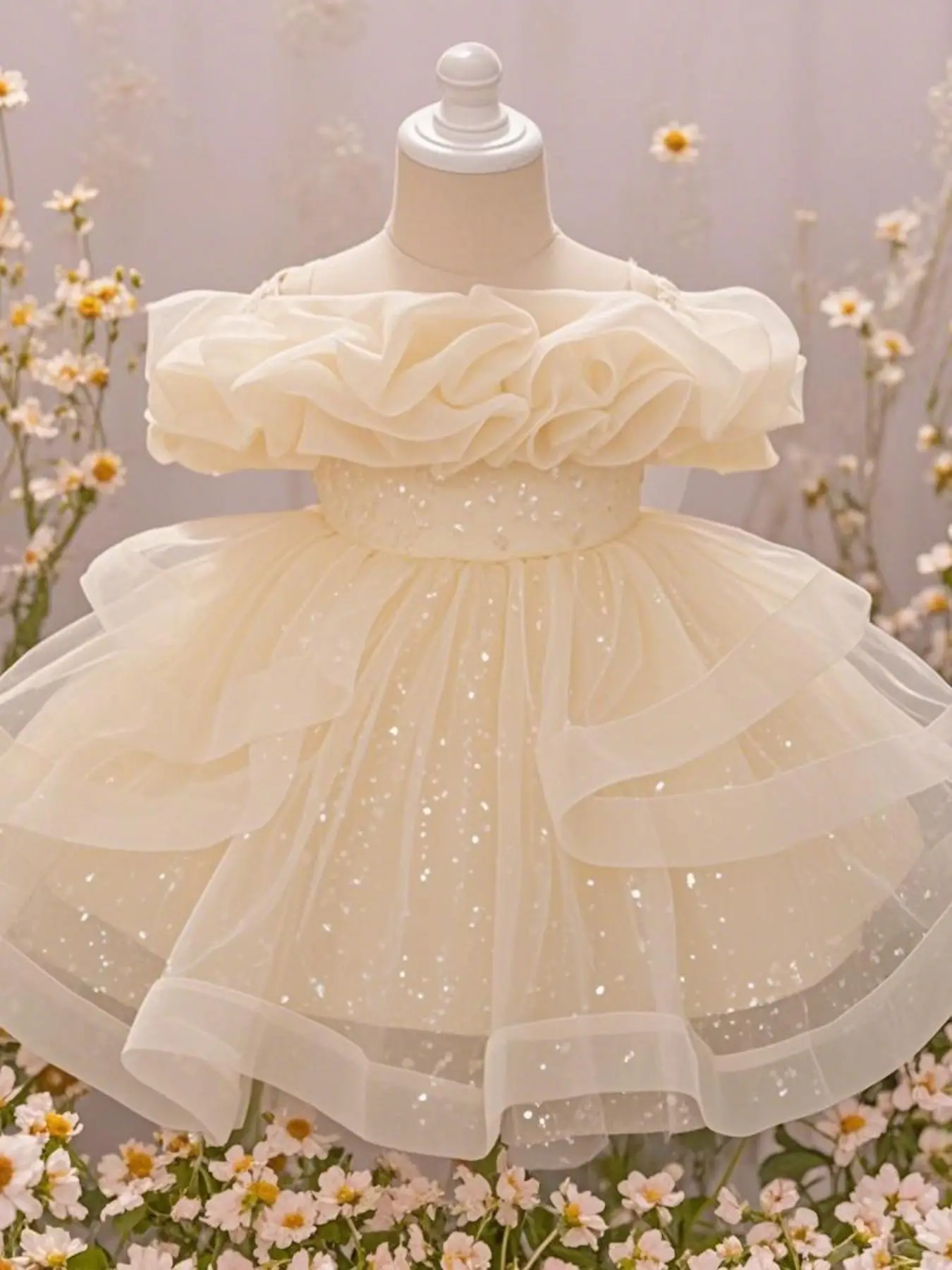 Baby Girl's Floral Print Mesh Overlay Dress, Elegant Puff Sleeve Square Neck Dress for Party, Infant Toddler Kids Clothes for All Seasons