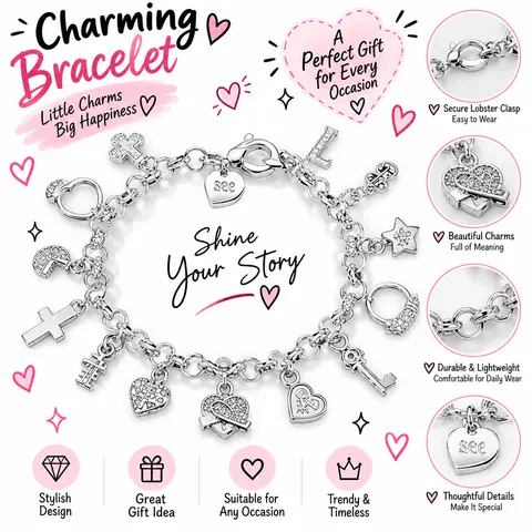 Halloween Fall Gift  for Your Special Someone silver-colored alloy Thirteen Hanging Pieces Bracelet for Women, Elegant Gift Jewelry for Bracelets & Bangles Collection