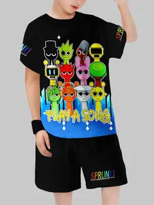 Base Sprunki Character Full Print Kids Set, Summer Boys Loose Short Sleeve Shorts, Breathable Clothing