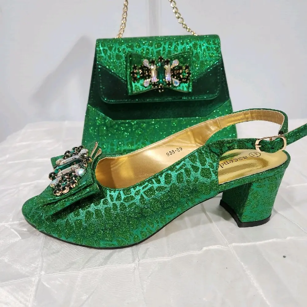 Green Glitter Slingback Heels with Rhinestone Bow and Matching Handbag for Women