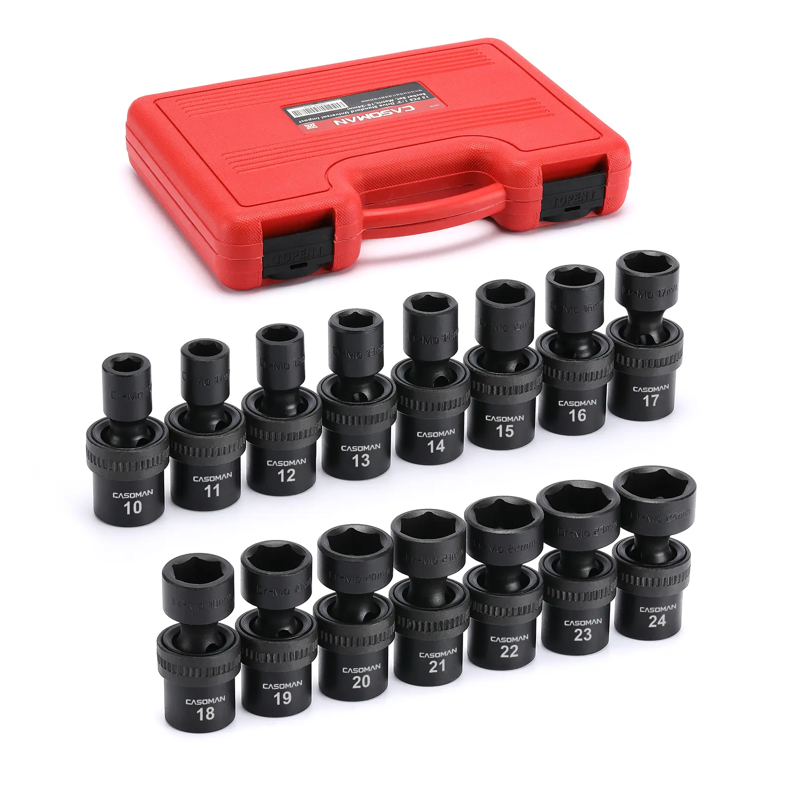 CASOMAN 15-Piece 1/2" Drive Standard Universal Impact Swivel Socket Set, 6-Point Metric (10-24mm) Universal Wrench Metric, Heavy-Duty Impact Resistant Sets for Industrial Metal Work, Mechanic Gift,DEALS FOR YOU DAY