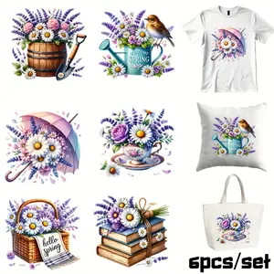 6 Pcs Floral - Spring Lavender - Sunflowers - Sulfite - 6 Pcs Rusty Vinyl Decal - Spring Flowers - Watercolor - DIY Heat Transfer Stickers for T-Shirts, Bags, Pillows, Hats, DIY Flower Decor, DIY Craft Decor