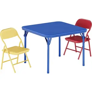 3-piece folding set for children - Table with red chair and yellow chair, metal frame and soft padding, ideal for children's bedroom, nursery, activities - Blue table + red chair +yellow chair