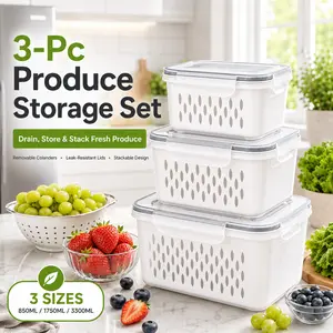MIUVA 3 Pcs Fridge Produce Storage Containers with Removable Colanders, Stackable Fruit & Vegetable Storage Boxes with Leak-Resistant Lids, Gray Kitchen Refrigerator Organizer Set