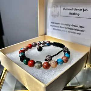 Natural Healing Gemstone Bracelet - Red Jasper Green Jade Blue-Red Imperial Jasper Adjustable for Grounding Abundance & Serenity